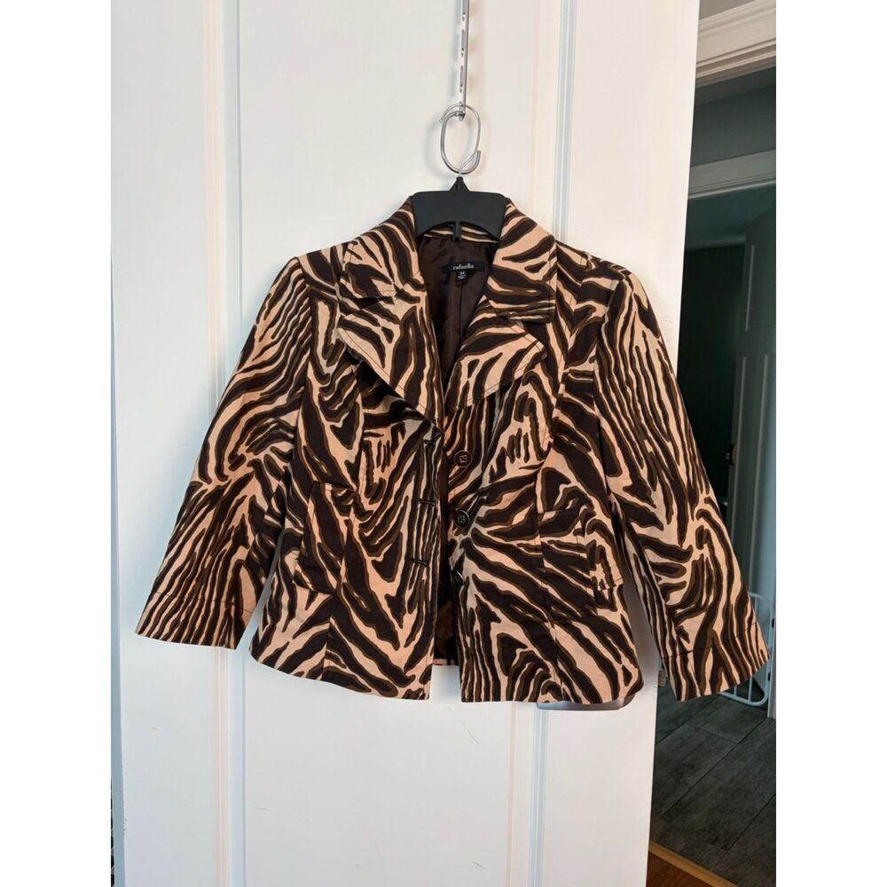 Rafaella Womens M Zebra Print Cropped Blazer 3/4 Sleeve Mob Wife Old Money 90s